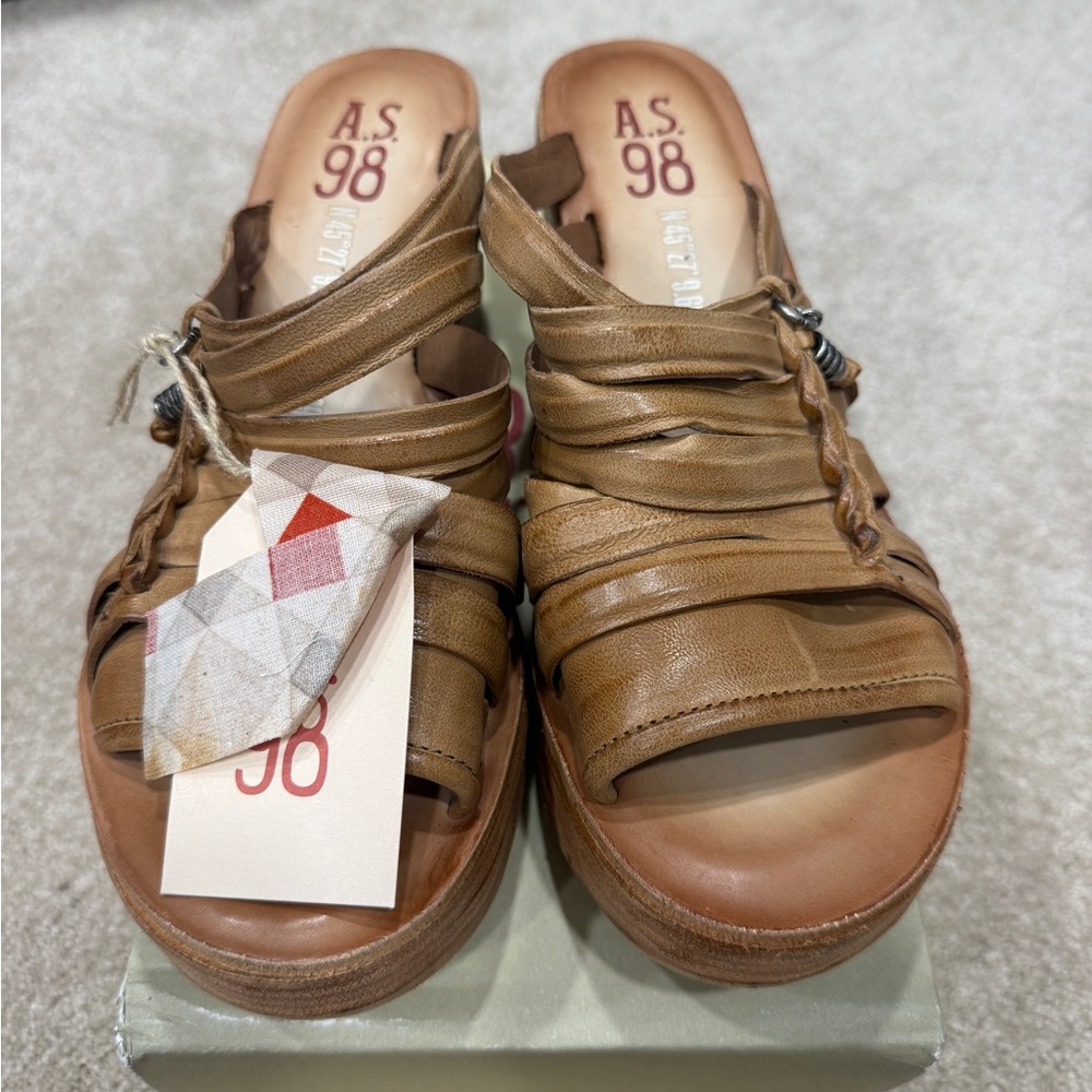 NIB - A.S.98 Nicolls Platform Wedge Sandal Size 40 (9-9.5) in Cognac/Camel - Picture 2 of 6